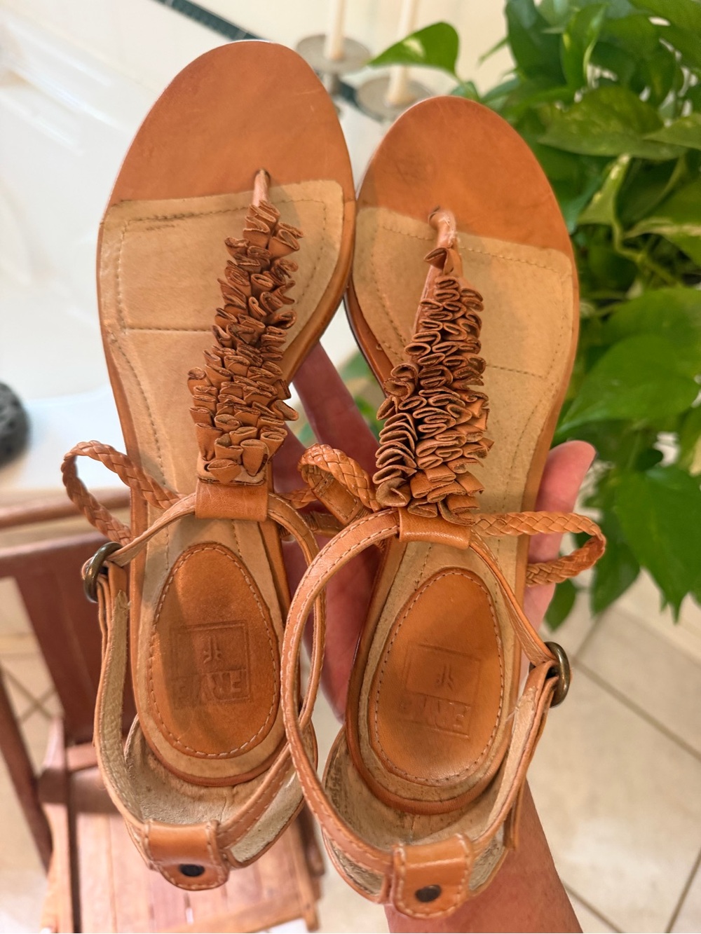 FRYE AND CO. Tan Braided Ruffle T-Strap Sandals